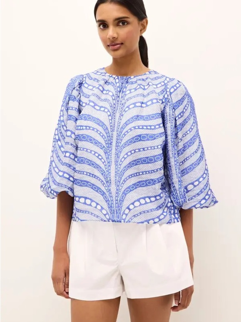 Marie Oliver Blue Wave-Print Puff Sleeve Blouse